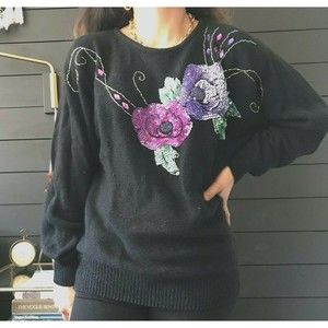 vtg 80s angora silk fuzzy embellished floral sequin sweater black medium festive